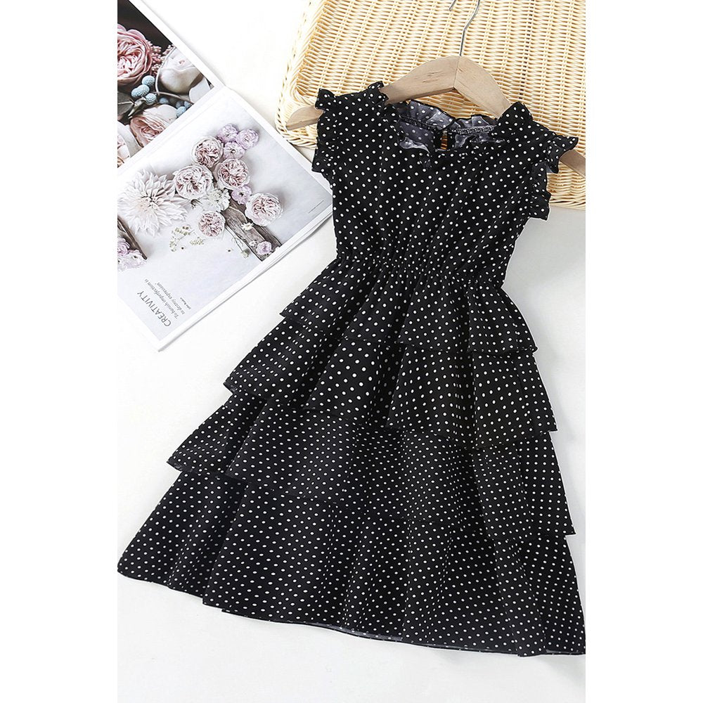 Kids Girls Ruffled Hem Small Polka Dotted Summer Sleeveless Soft Dress