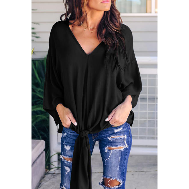 Women V-Neck Tie Hem Loose Chiffon Shirt