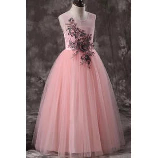 Kids Girls Pretty Lace Embroidered Round Neck Solid Colored Fancy Dress