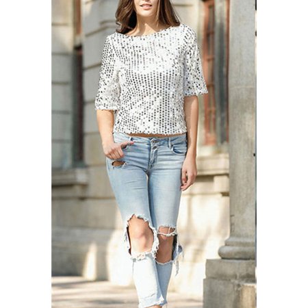 Women Short Sleeve Sequin Decorated Stylish Top