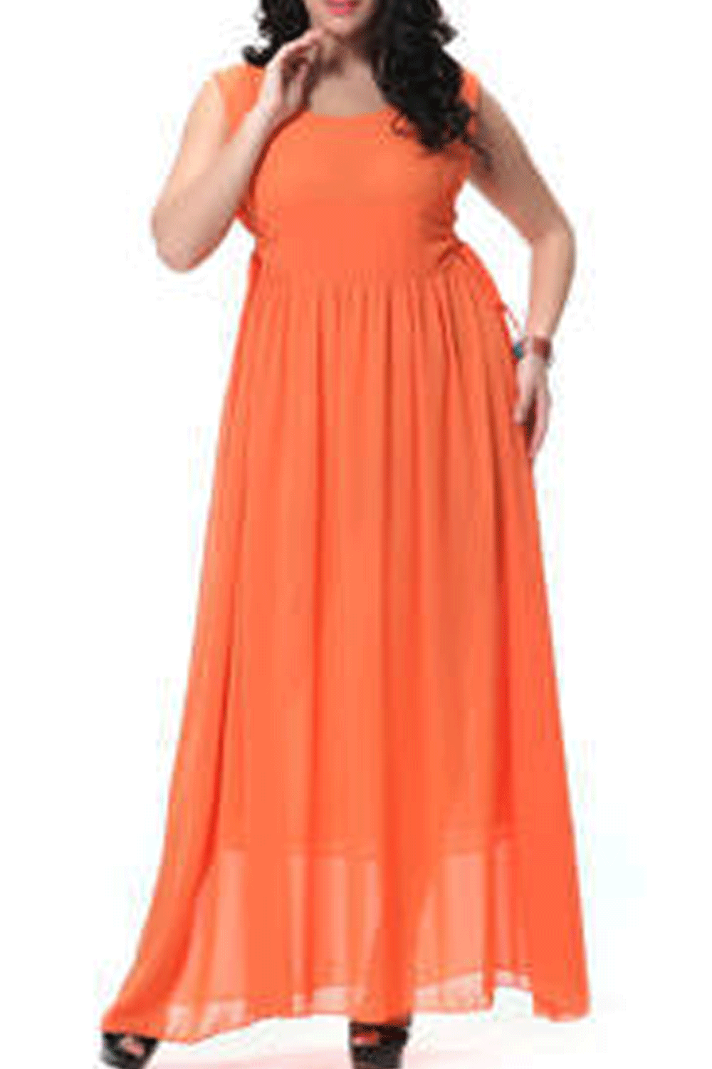Women's Round Neck Pleated Long Gown Prom Night Dress Orange