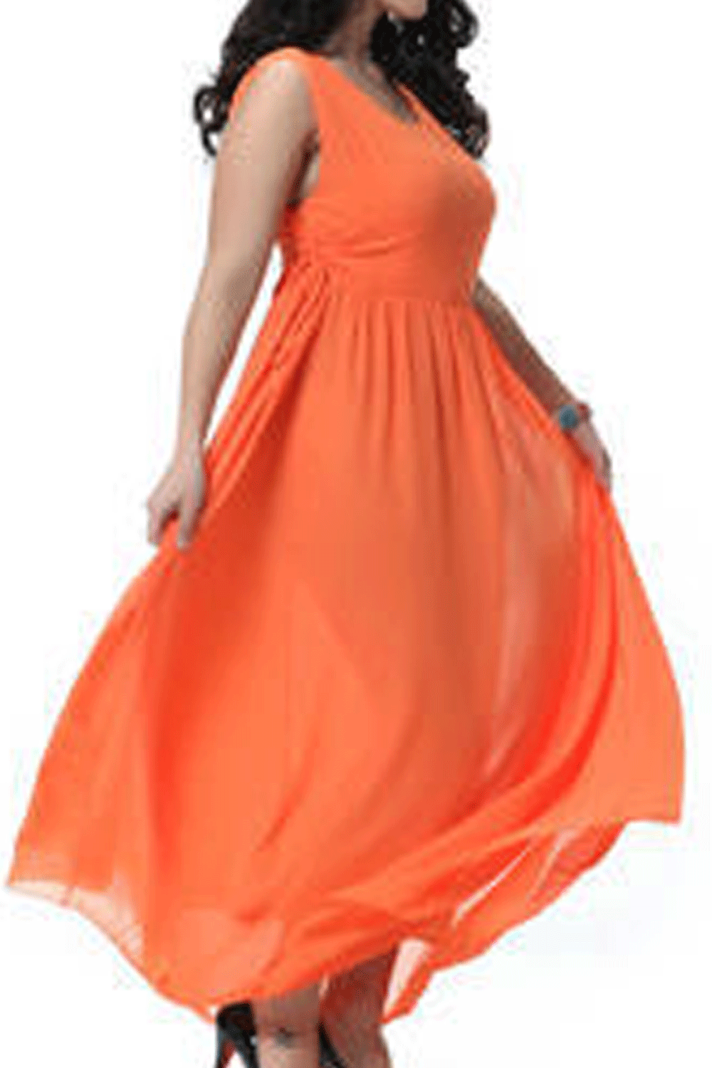 Women's Round Neck Pleated Long Gown Prom Night Dress Orange