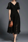 Women V-Neck Short Sleeve Soft Lace Long Skirt Dress