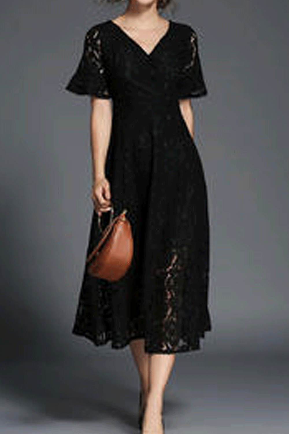 Women V-Neck Short Sleeve Soft Lace Long Skirt Dress