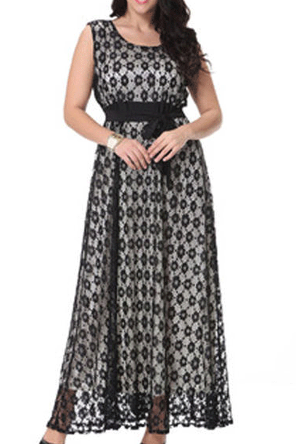 Women Waist Fasten Plus Size Sleeveless Long Cocktail Dress
