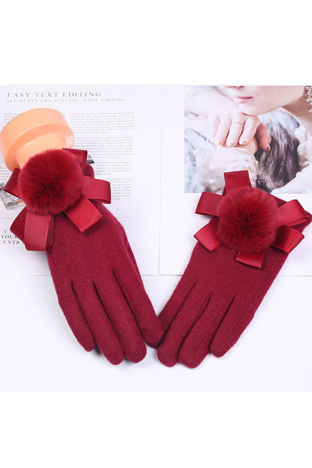 Women Beautiful Ball Decorated Solid Pattern Elegant Knitted Gloves