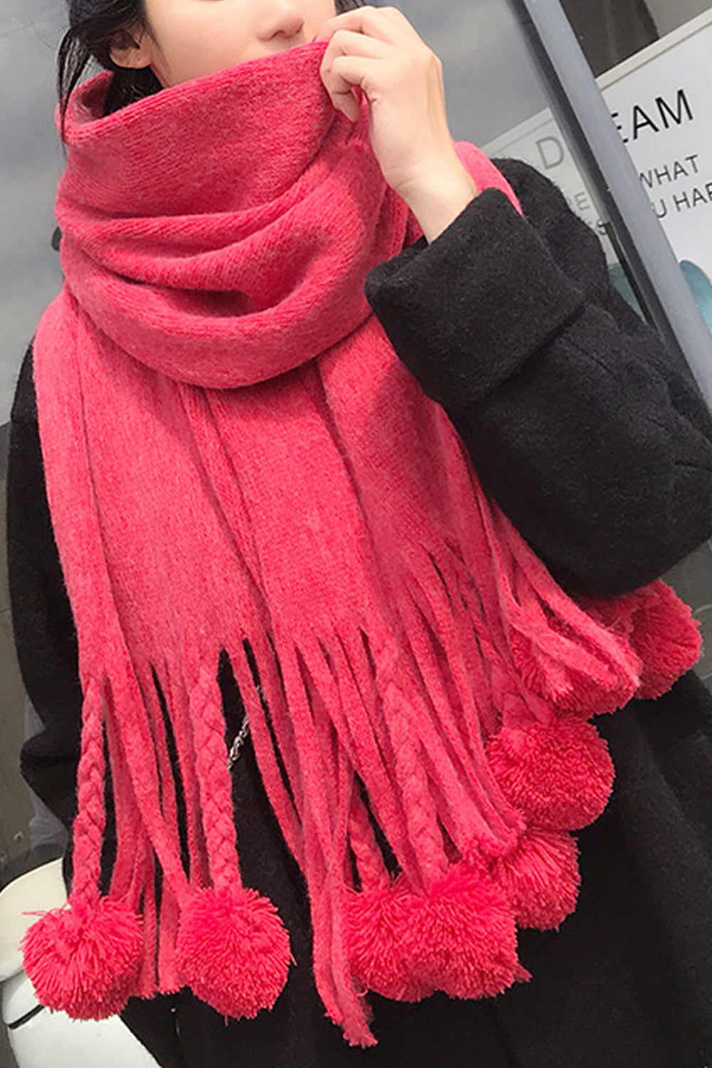 Women Solid Pattern Beautiful Hair Ball Decorated Muffler
