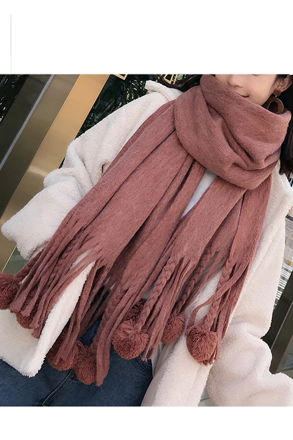 Women Solid Pattern Beautiful Hair Ball Decorated Muffler
