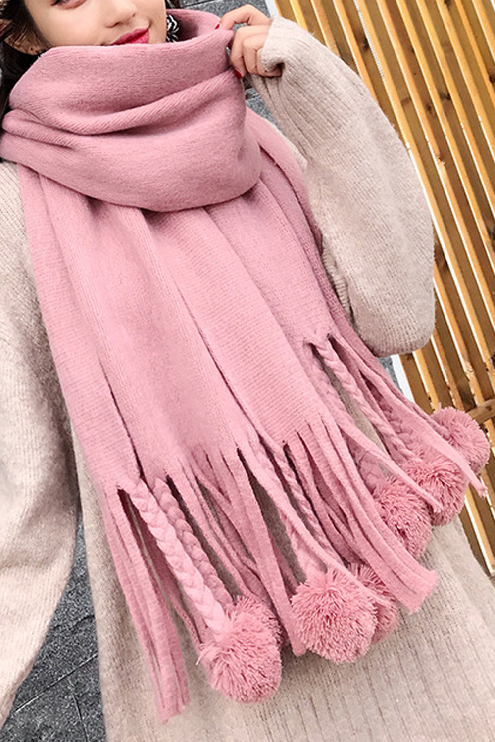 Women Solid Pattern Beautiful Hair Ball Decorated Muffler