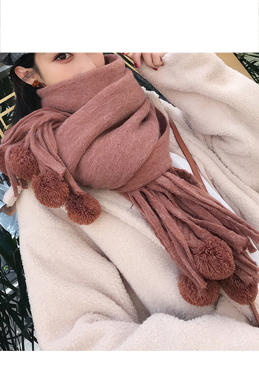 Women Solid Pattern Beautiful Hair Ball Decorated Muffler