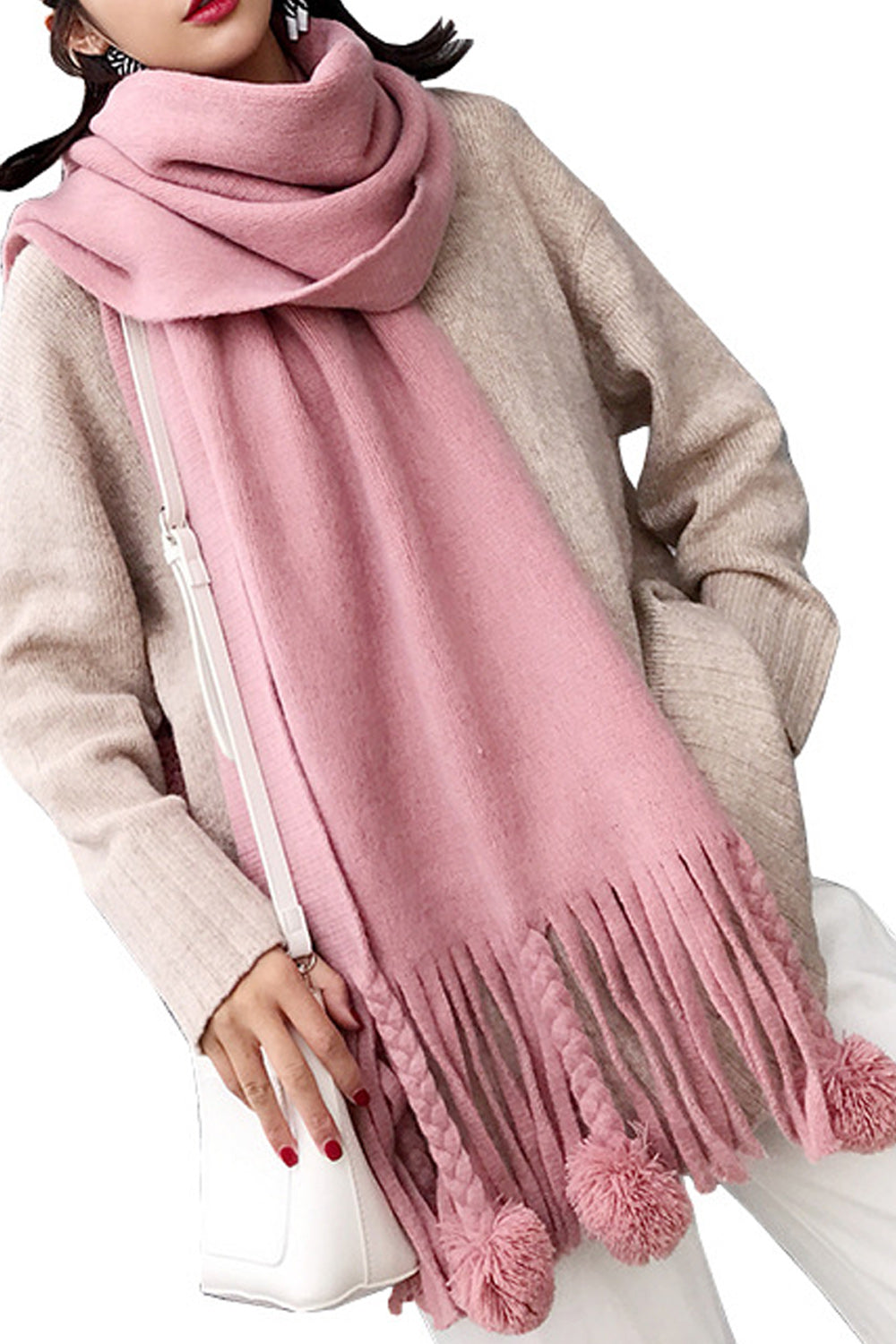 Women Solid Pattern Beautiful Hair Ball Decorated Muffler