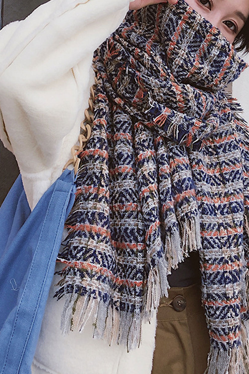 Women Convenient Warm Plaid Pattern Breathable Muffler