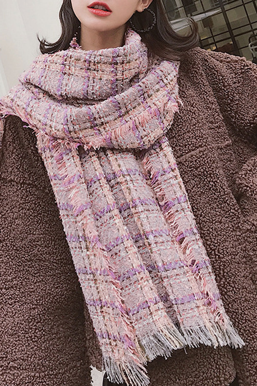 Women Convenient Warm Plaid Pattern Breathable Muffler