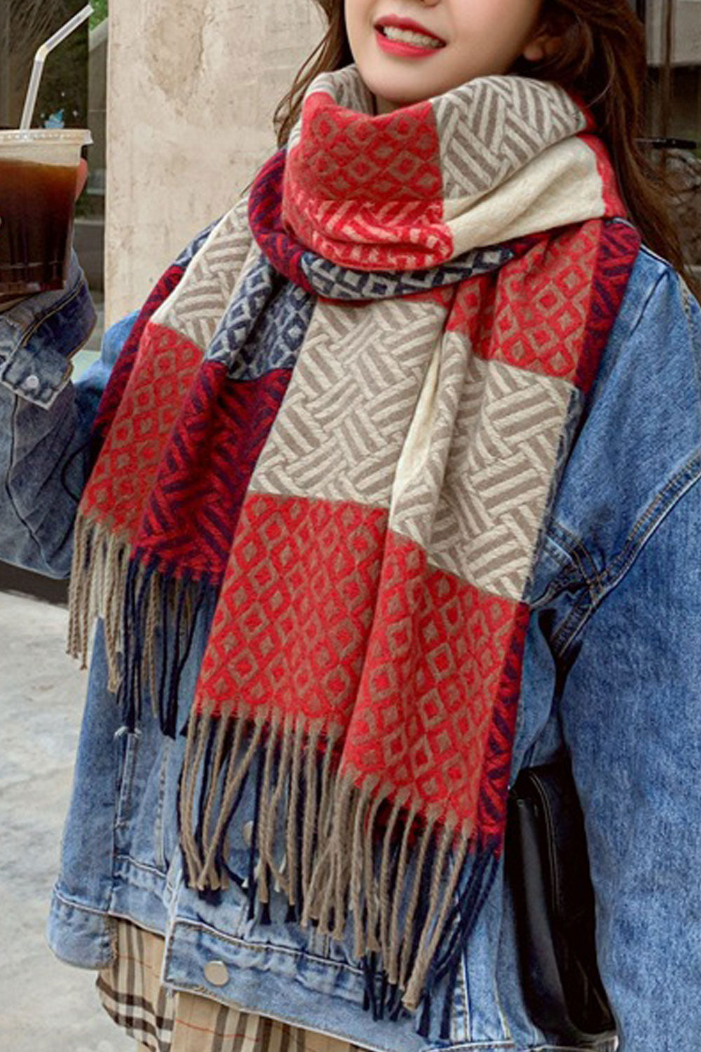 Women Elegant Tassel Hem Plaid Pattern Wonderful Muffler