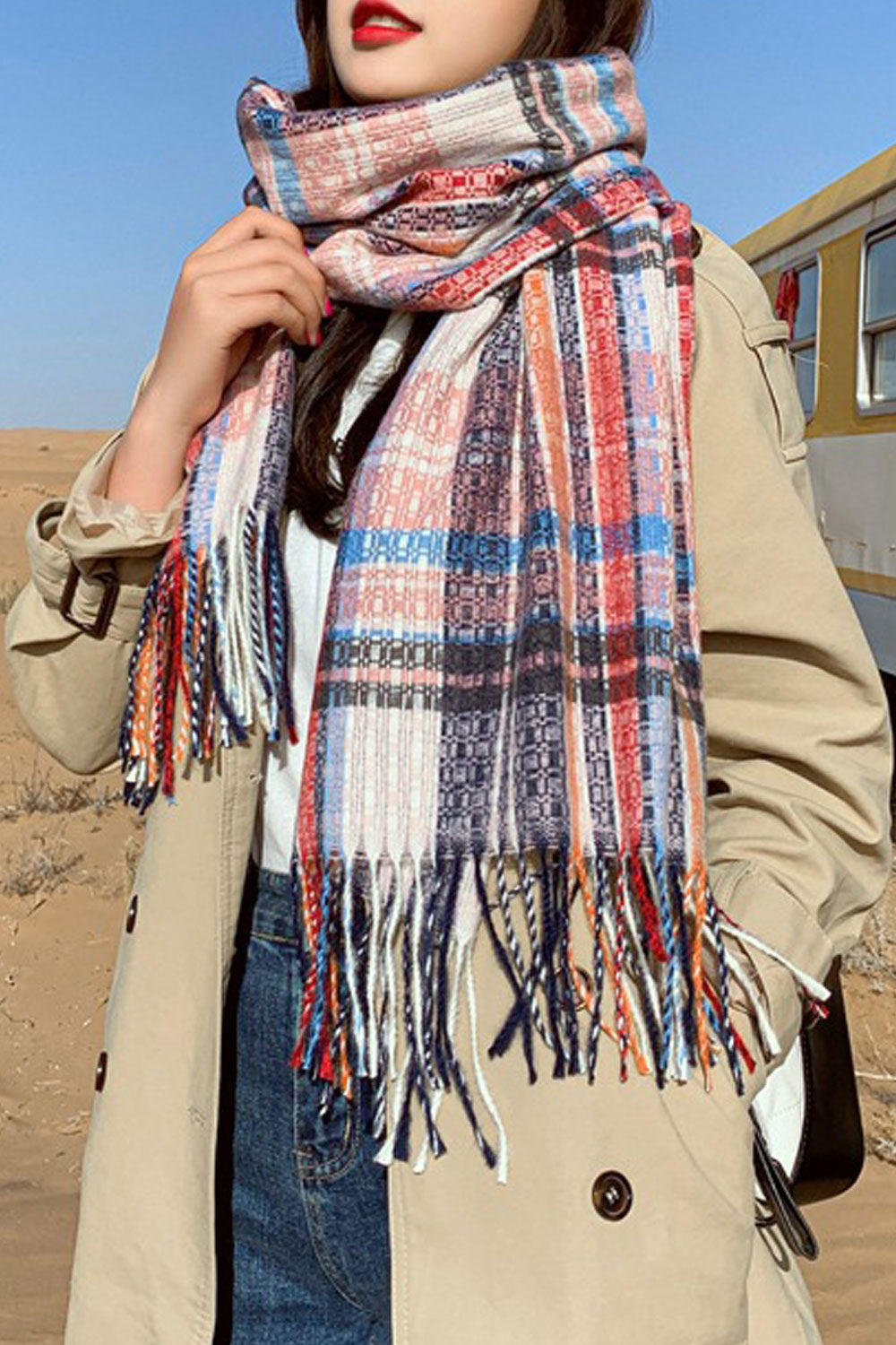 Women Lovely Tassel Decoration Classy Plaid Styled Cozy Muffler