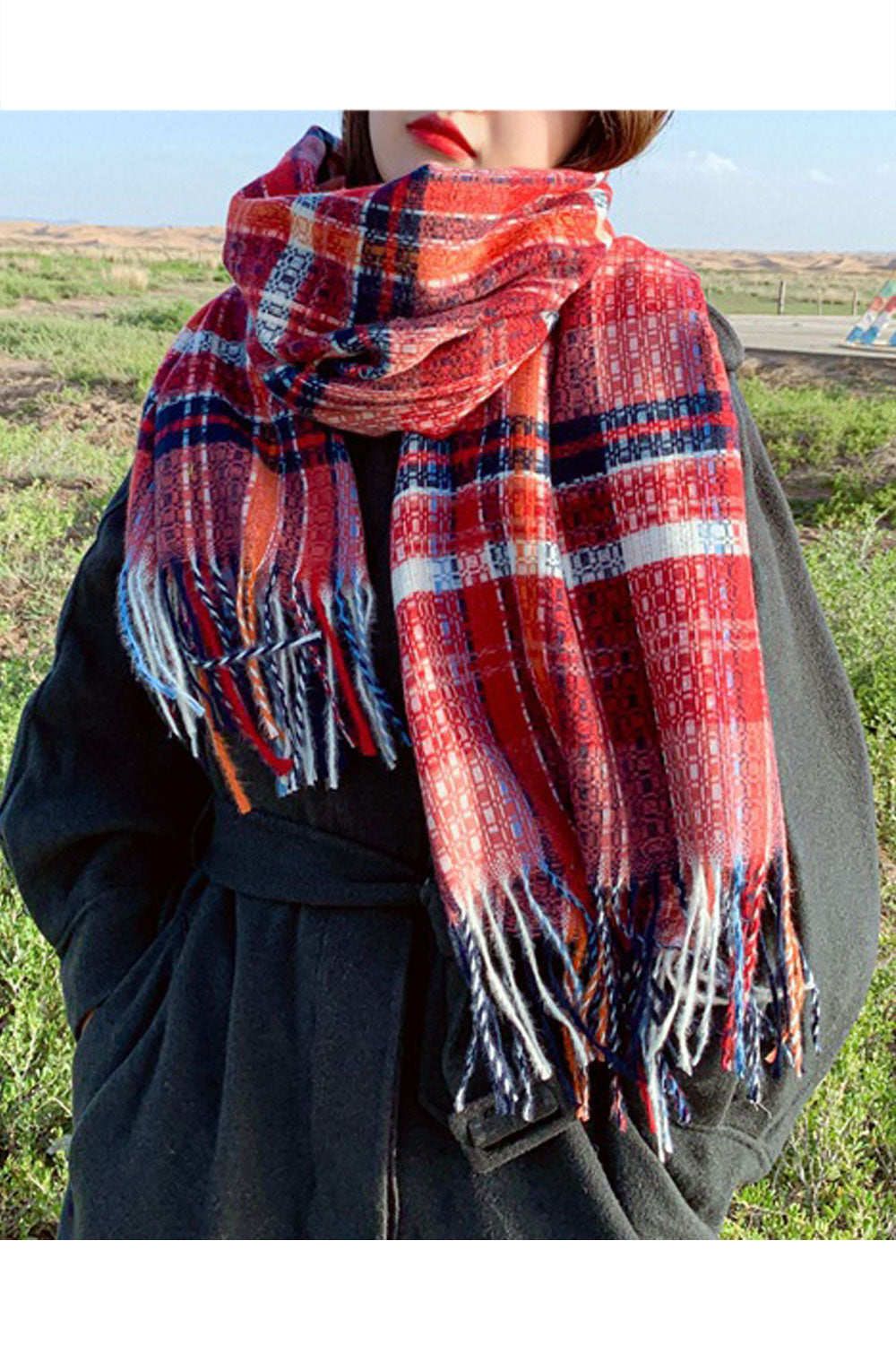 Women Lovely Tassel Decoration Classy Plaid Styled Cozy Muffler