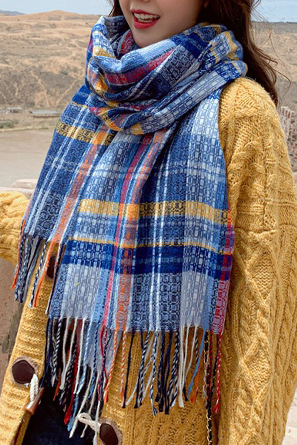 Women Lovely Tassel Decoration Classy Plaid Styled Cozy Muffler