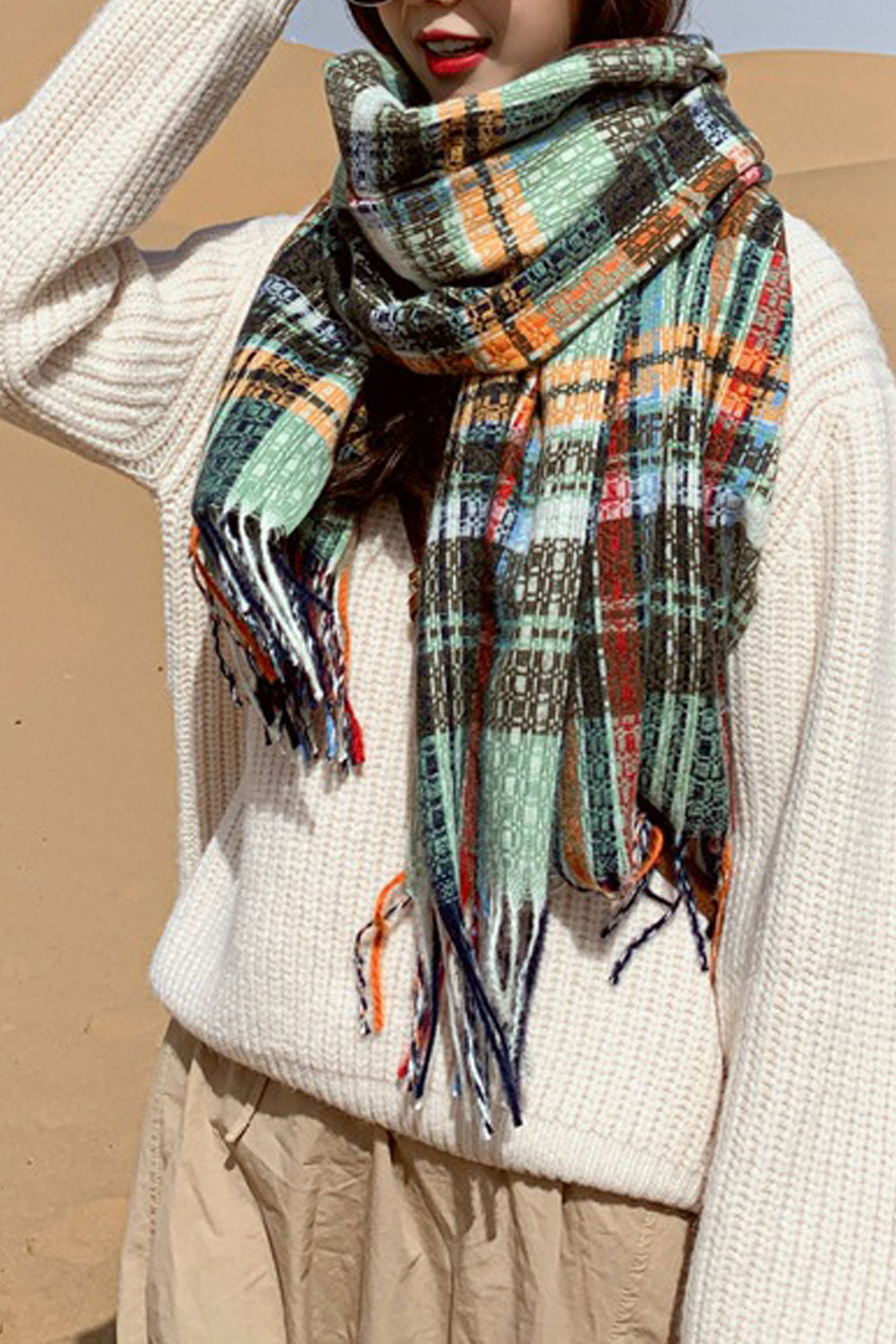 Women Lovely Tassel Decoration Classy Plaid Styled Cozy Muffler