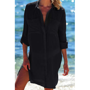 Women Collar Neck Pocket Styling Button Closure Beach Cover-Up