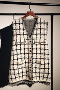 Women Sleeveless V-Neck Trendy Plaid Pattern Pocket Styled Cardigan
