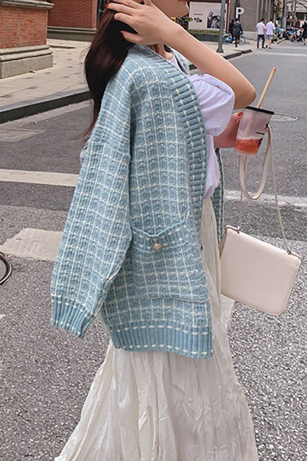 Women Warm Plaid Pattern Casual Long Sleeve Cardigan