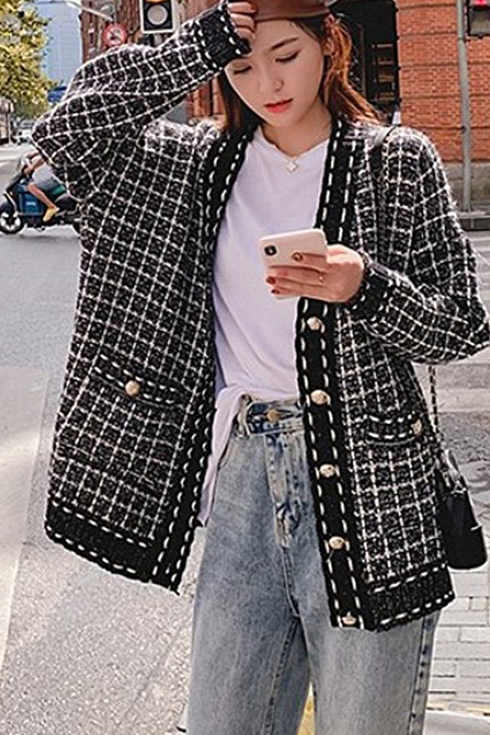 Women Warm Plaid Pattern Casual Long Sleeve Cardigan
