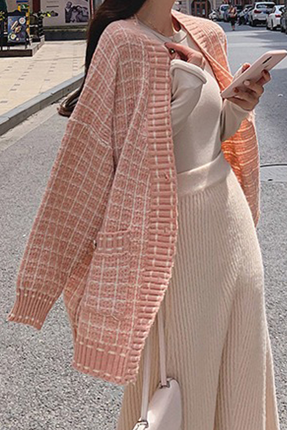 Women Warm Plaid Pattern Casual Long Sleeve Cardigan