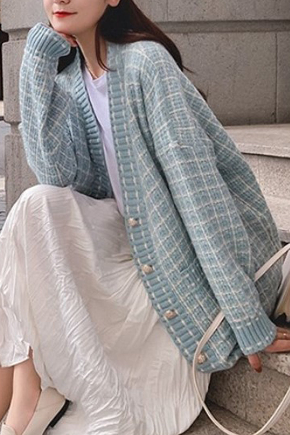 Women Warm Plaid Pattern Casual Long Sleeve Cardigan