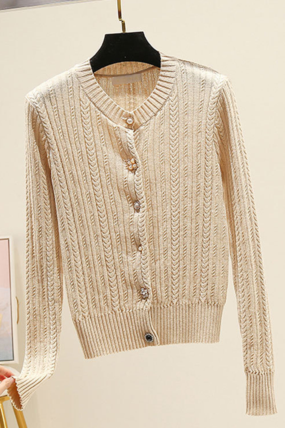 Women Convenient Round Neck Slim Fit Warm Long Sleeve Cardigan