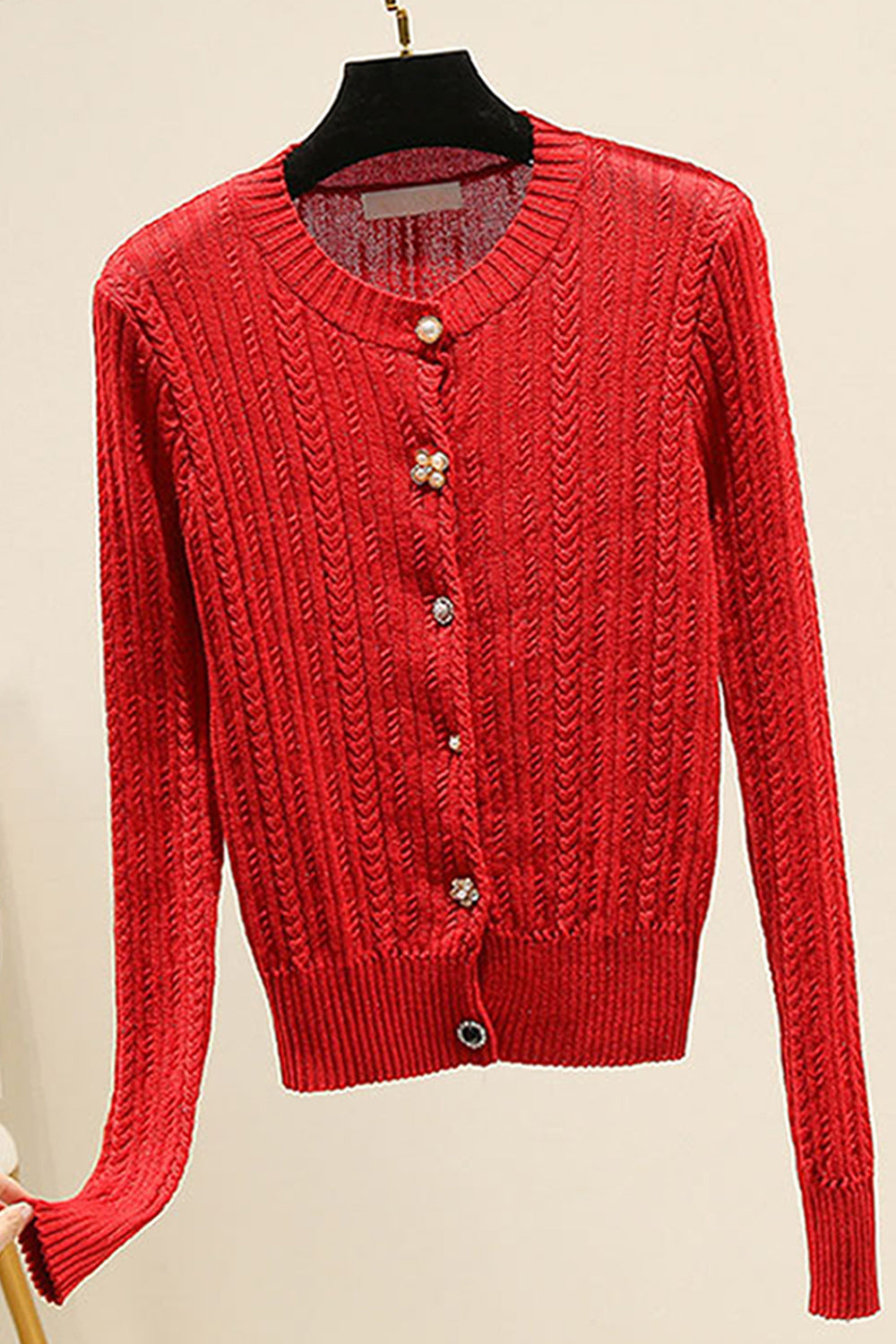 Women Convenient Round Neck Slim Fit Warm Long Sleeve Cardigan