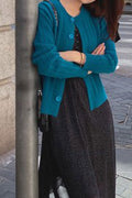 Women Easy Round Neck Button Closure Warm Long Sleeve Cardigan