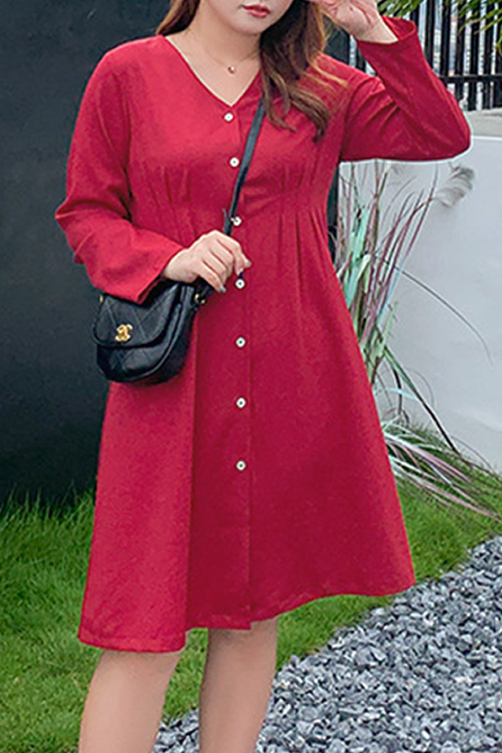 Women Plus Loose Button Closure Solid Pattern V-Neck Trendy Dress