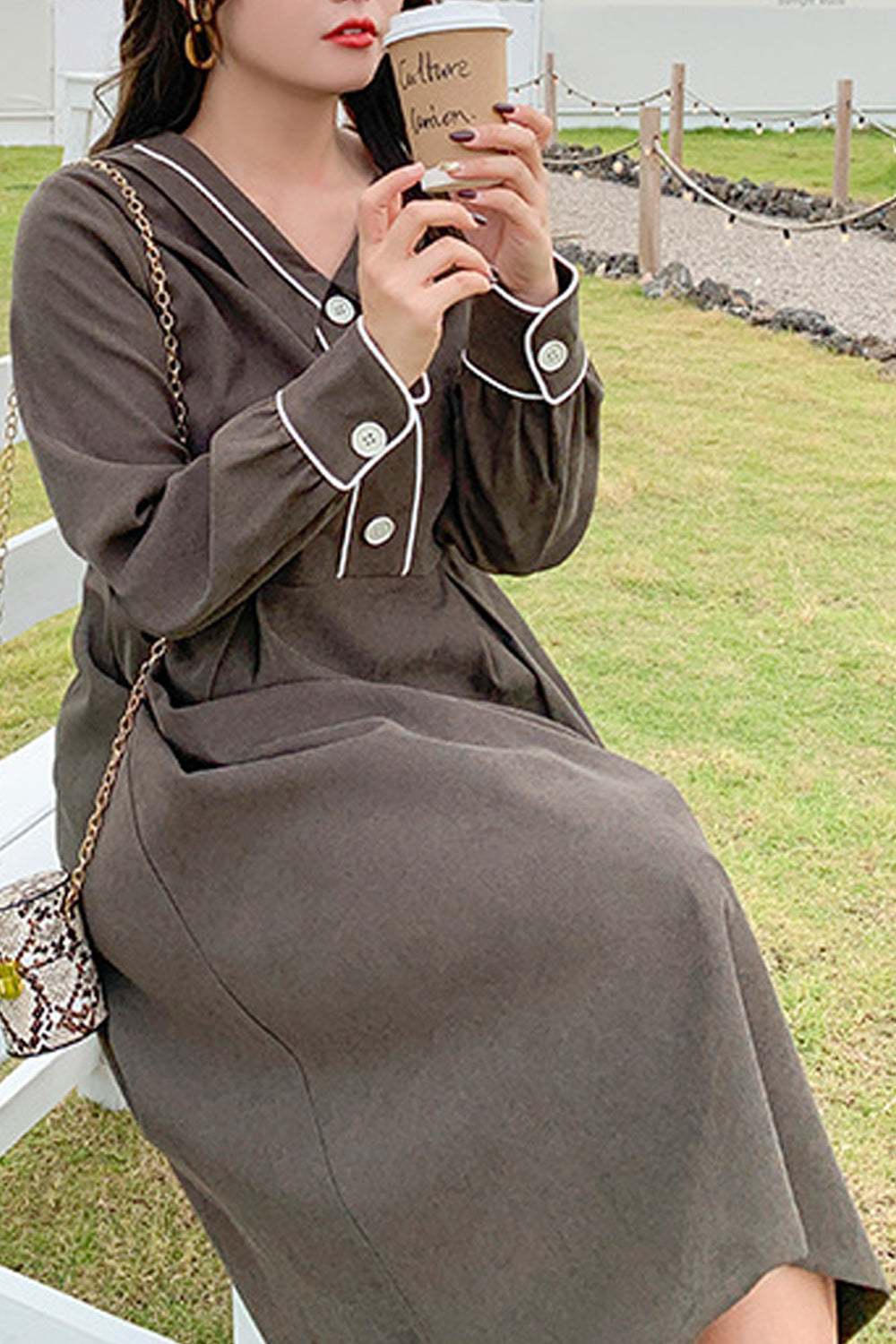 Women Plus Long Sleeve Solid Colored Collar Neck Breathable Dress