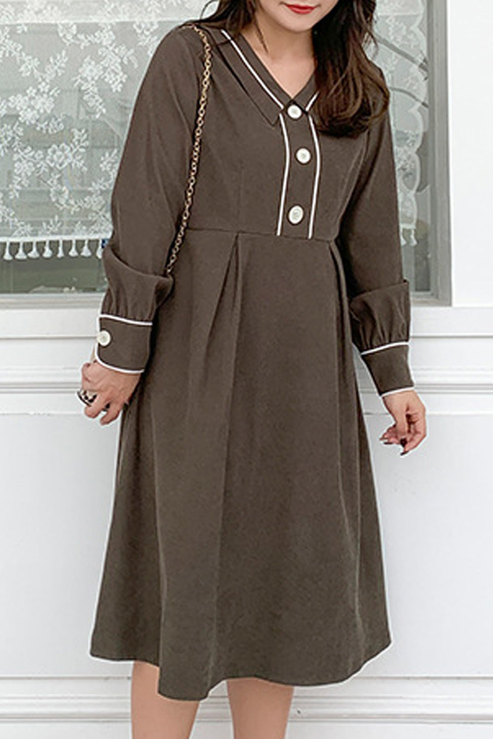 Women Plus Long Sleeve Solid Colored Collar Neck Breathable Dress