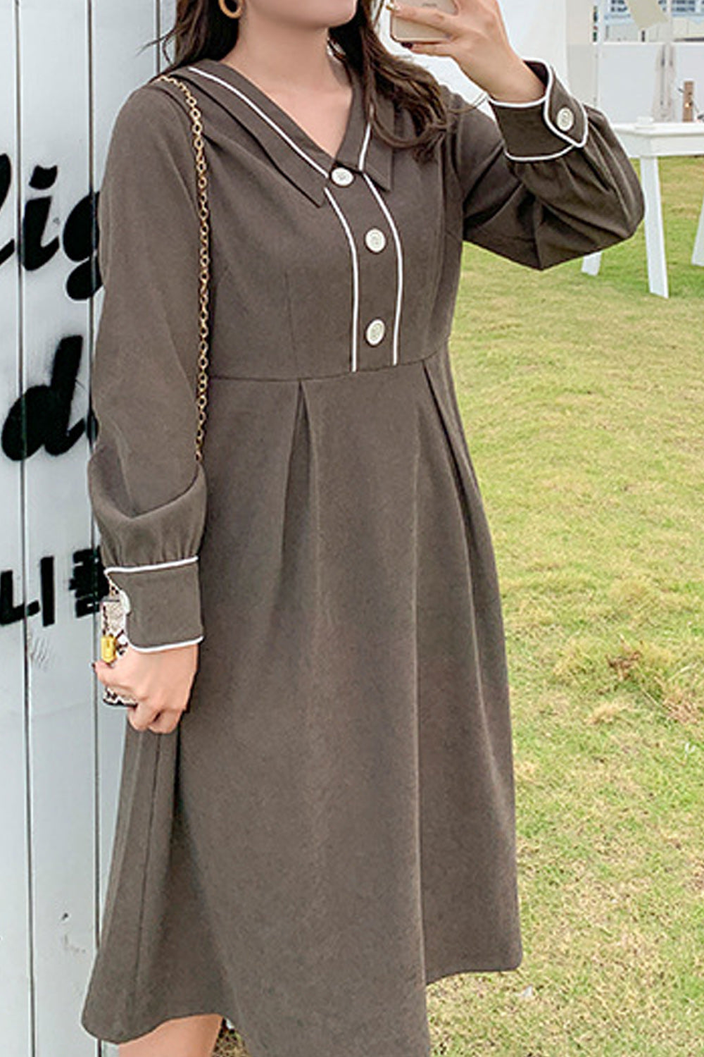 Women Plus Long Sleeve Solid Colored Collar Neck Breathable Dress