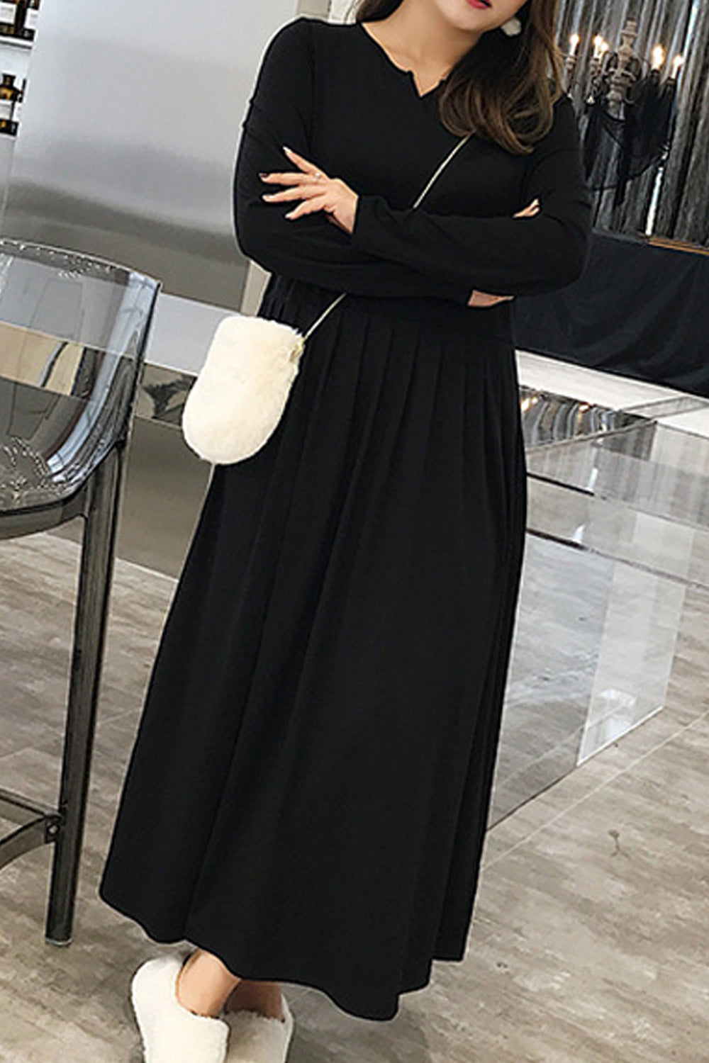 Women Plus Solid Pattern Elegant Long Sleeve Long Length Dress