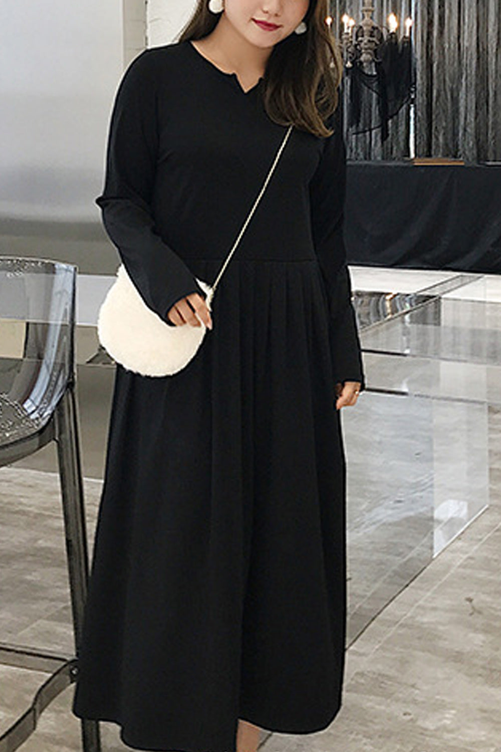 Women Plus Solid Pattern Elegant Long Sleeve Long Length Dress