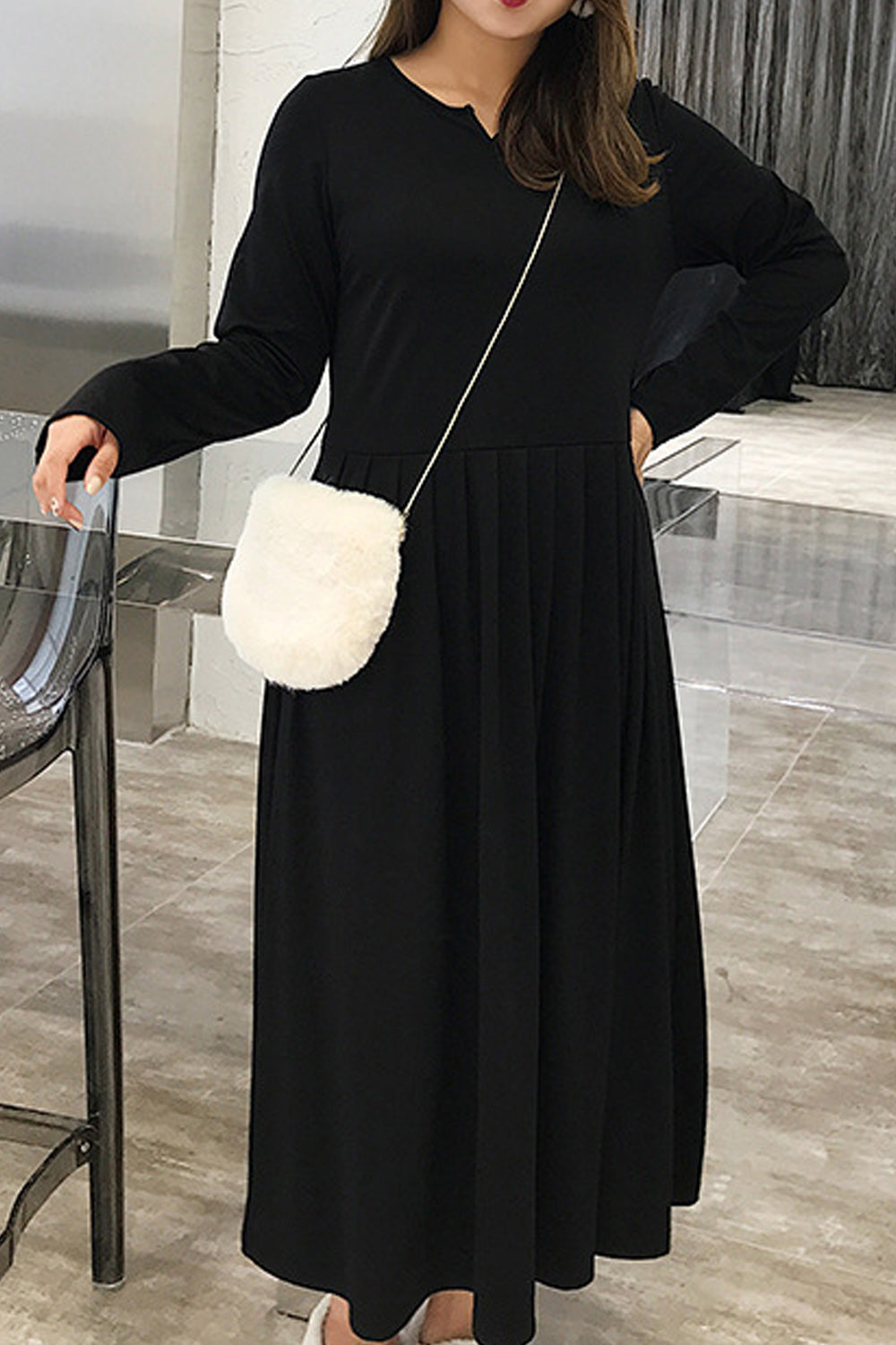 Women Plus Solid Pattern Elegant Long Sleeve Long Length Dress