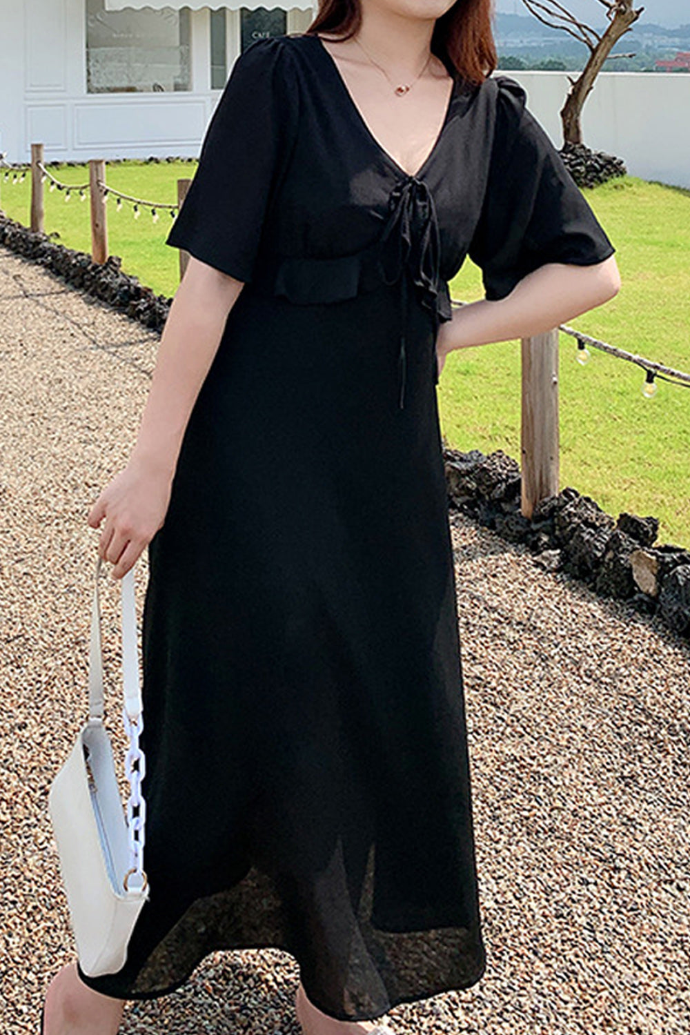 Women Plus Elegant Solid Colored V-neck Trendy Dress
