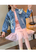 Kids Girls Flower Decorated Button Down Elegant Denim Jacket
