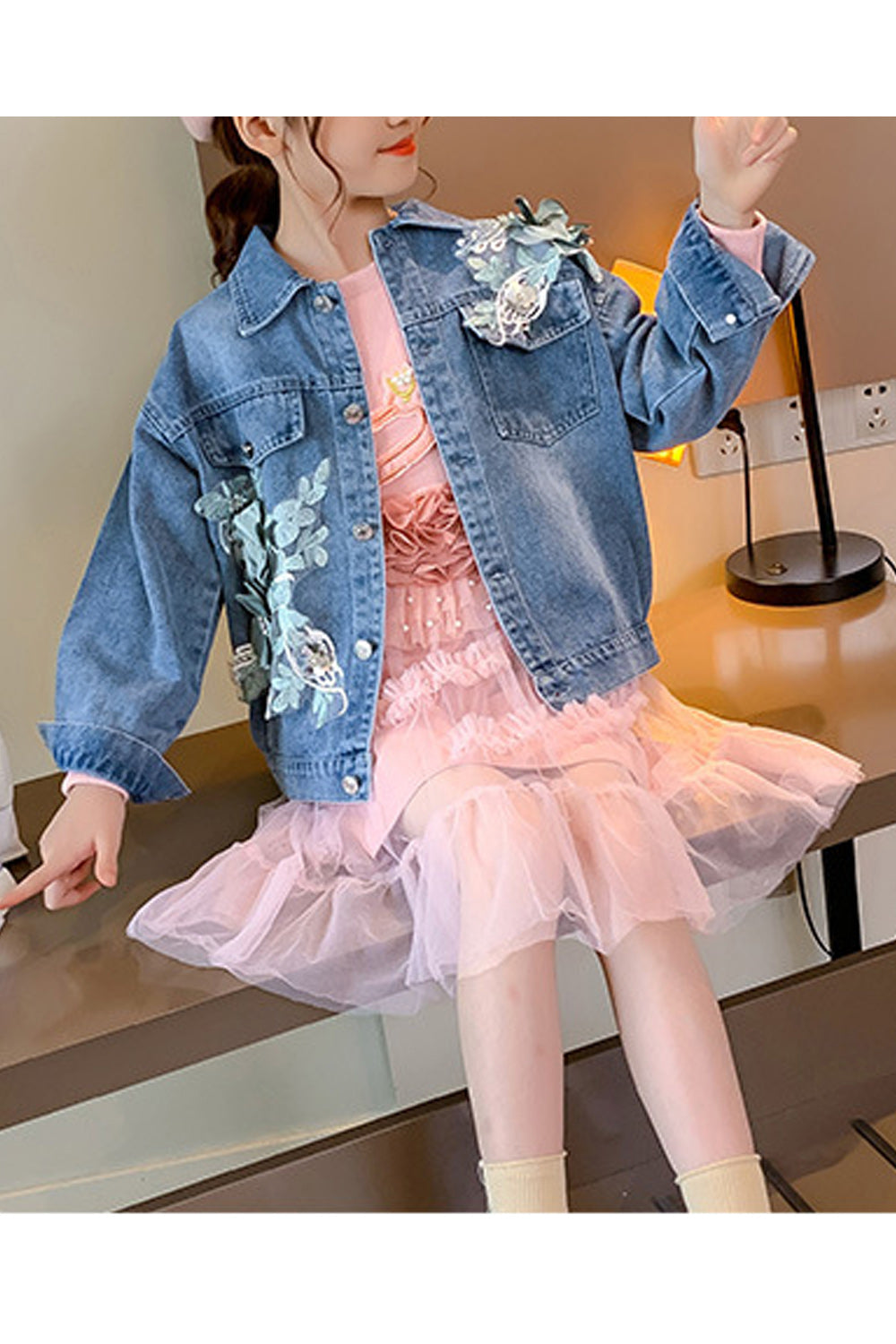 Kids Girls Flower Decorated Button Down Elegant Denim Jacket