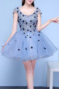 Women Round Neck Thin Short Length Skirt Breathable Evening Dress