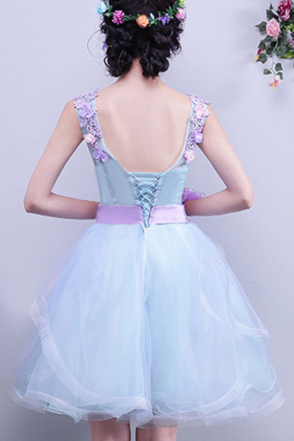 Women Magnificent Flower Decorated Round Neck Short Skirt Evening Dress