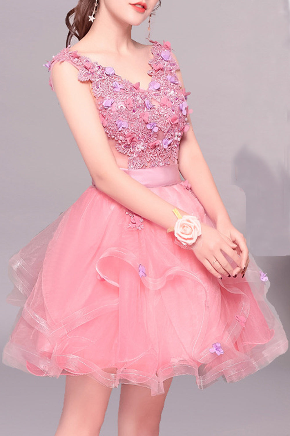 Women Magnificent Flower Decorated Round Neck Short Skirt Evening Dress