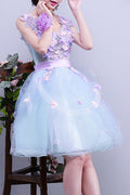 Women Magnificent Flower Decorated Round Neck Short Skirt Evening Dress
