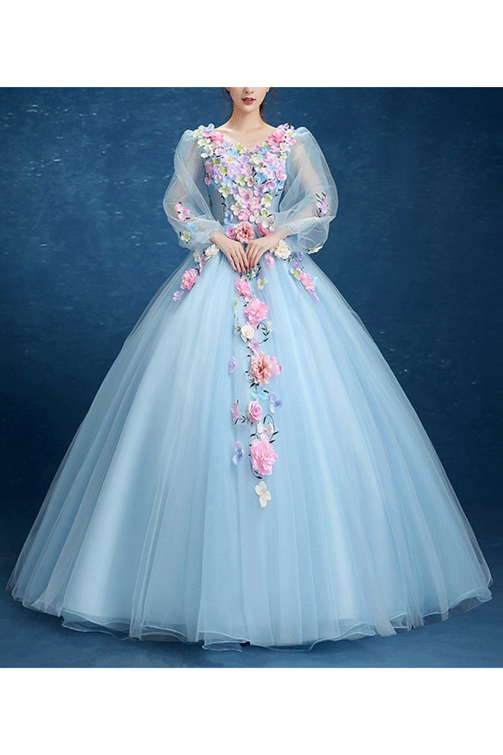 Women Thin Long Sleeve Ball Gown Flower Decorated Beautiful Wedding Dress