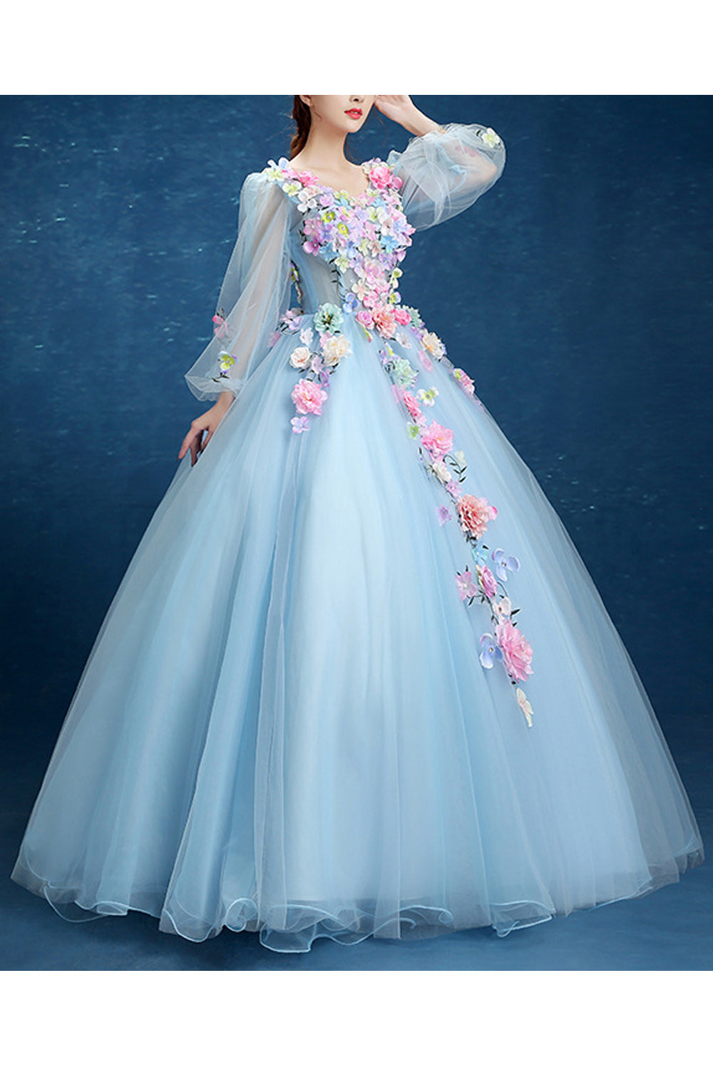 Women Thin Long Sleeve Ball Gown Flower Decorated Beautiful Wedding Dress