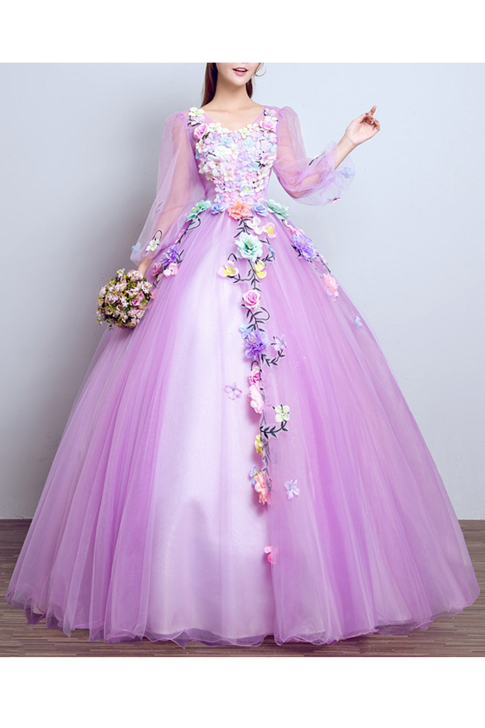 Women Thin Long Sleeve Ball Gown Flower Decorated Beautiful Wedding Dress