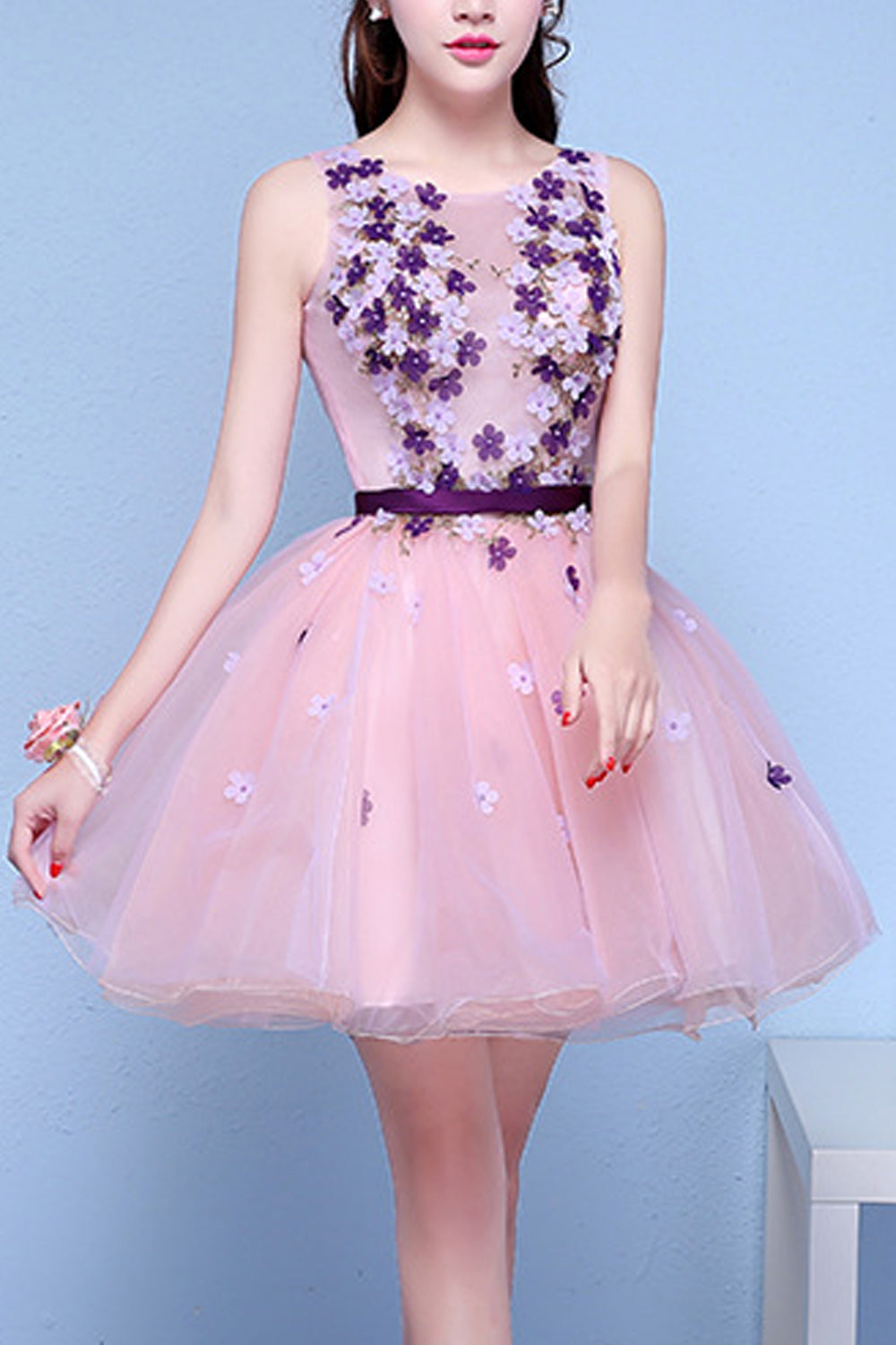 Women Round Neck Flower Decoration Pretty Short Skirt Evening Dress