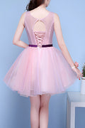 Women Round Neck Flower Decoration Pretty Short Skirt Evening Dress